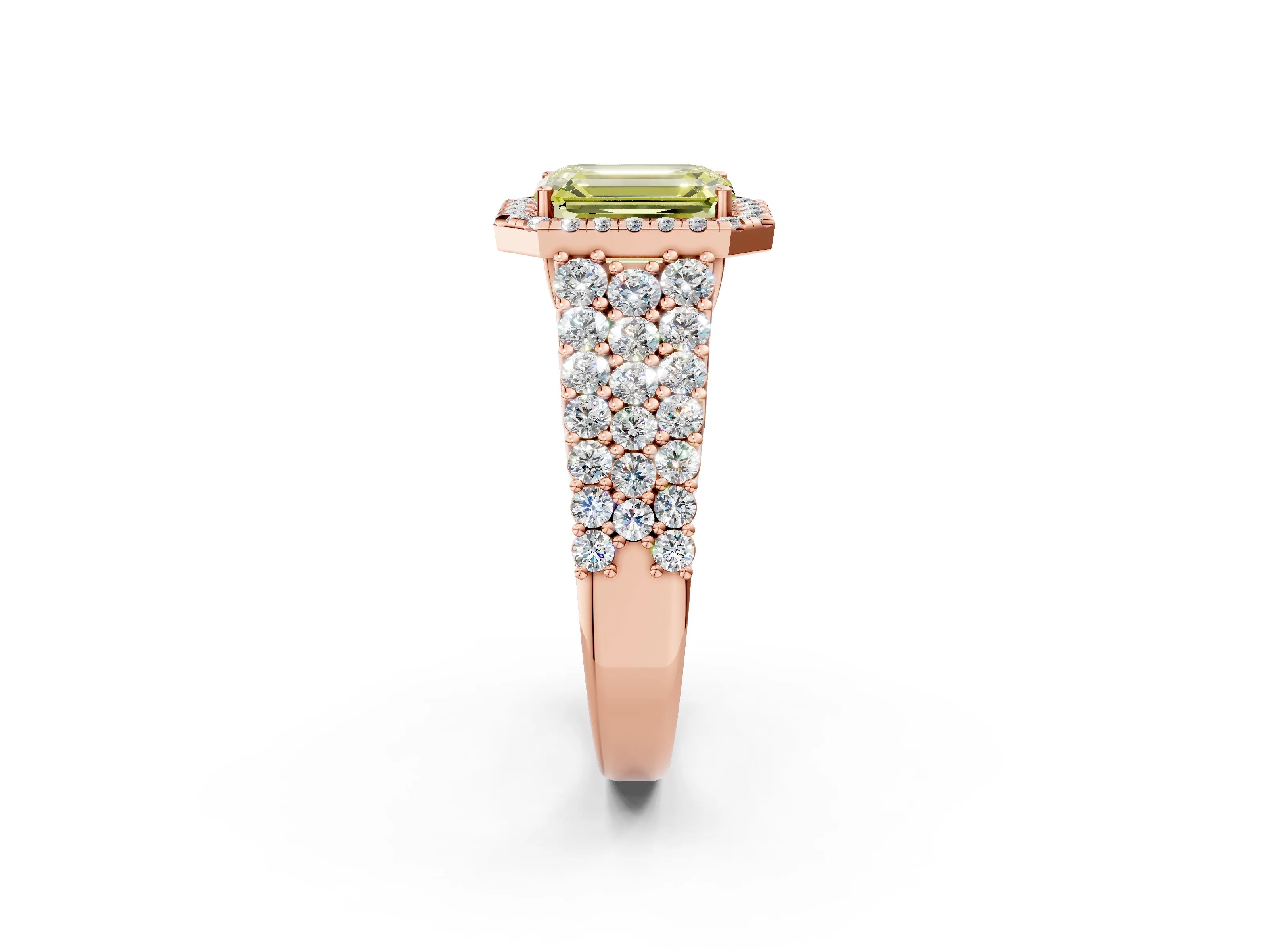 Rose gold Fancy Yellow Emerald Cut Halo Pavé Diamond Engagement Ring with Split Shank and Four-Prong Setting_5