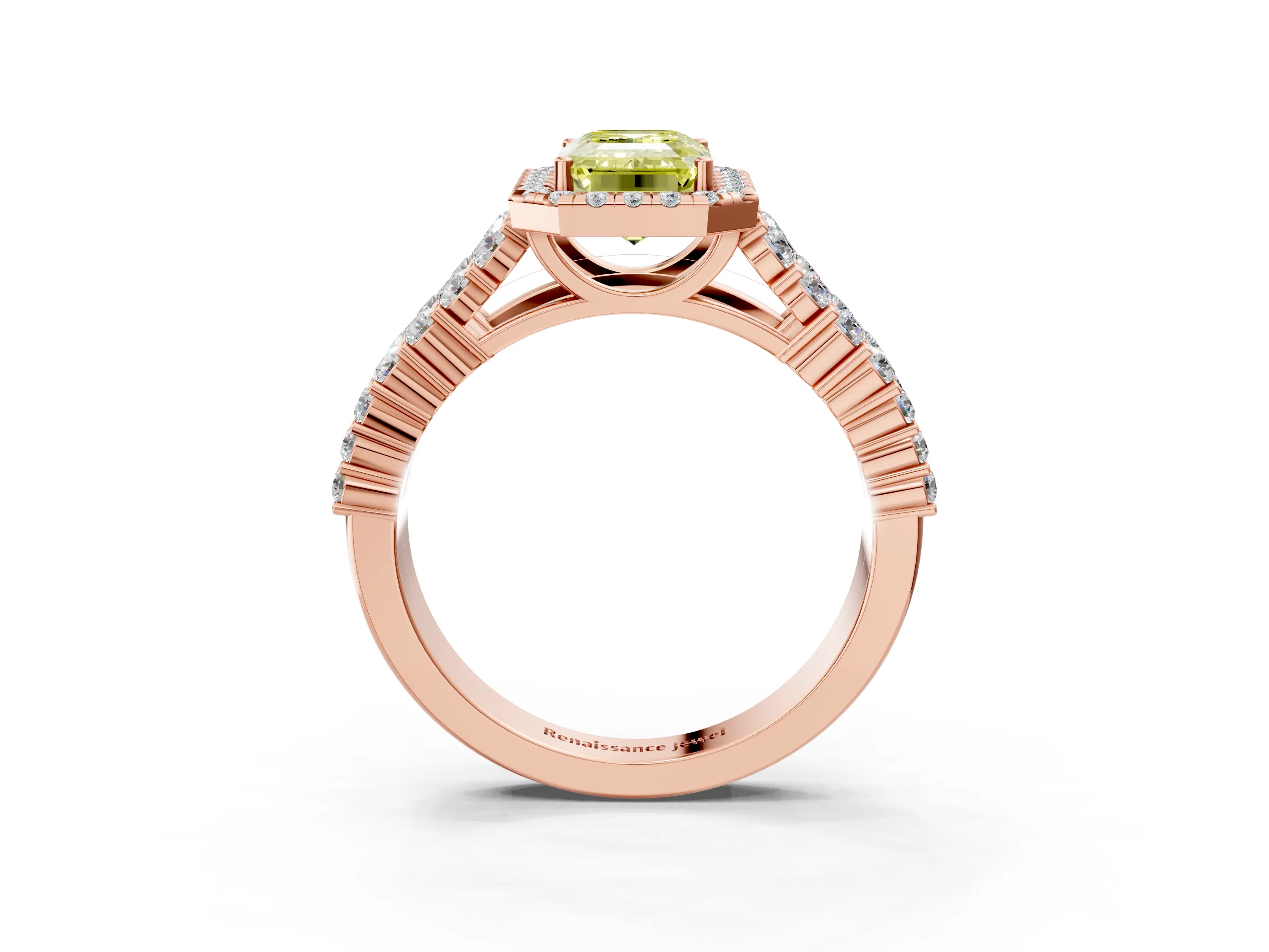 Rose gold Fancy Yellow Emerald Cut Halo Pavé Diamond Engagement Ring with Split Shank and Four-Prong Setting_6