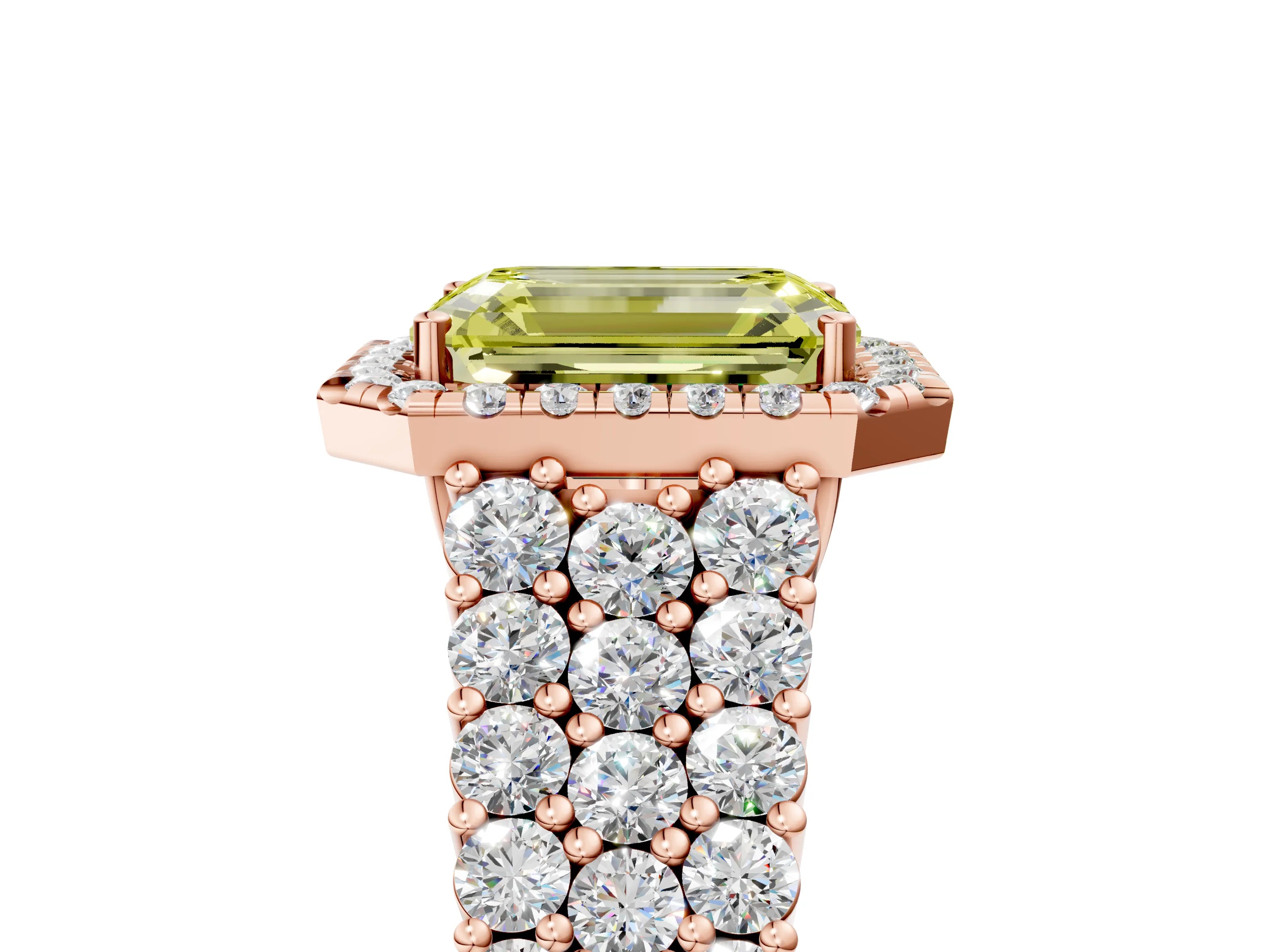 Rose gold Fancy Yellow Emerald Cut Halo Pavé Diamond Engagement Ring with Split Shank and Four-Prong Setting_8