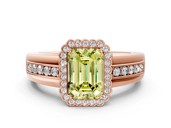 Rose gold Fancy Yellow Emerald  Cut Halo Pave Band Four-Prong Ring