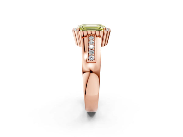 Rose gold Fancy Yellow Emerald  Cut Halo Pave Band Four-Prong Ring