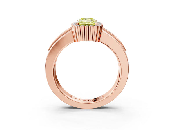 Rose gold Fancy Yellow Emerald  Cut Halo Pave Band Four-Prong Ring