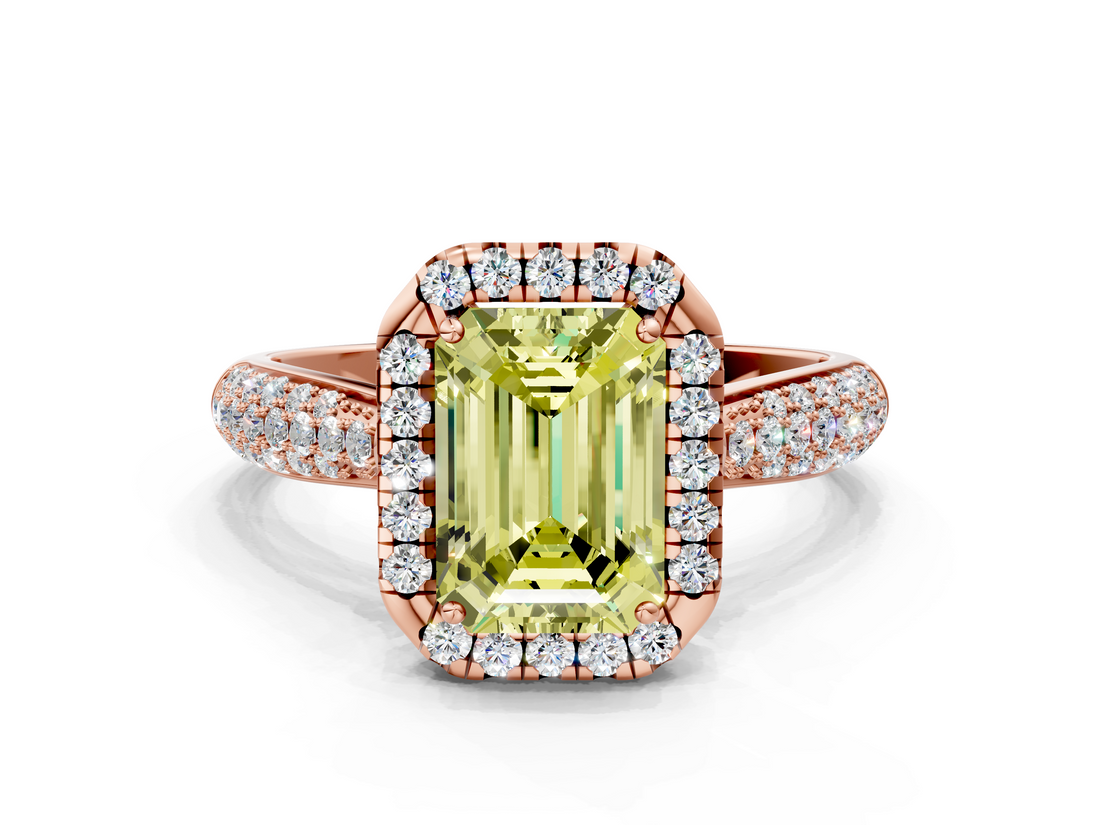 Rose gold Fancy Yellow Emerald  Cut Halo Pave Band Four-Prong Setting Ring_36