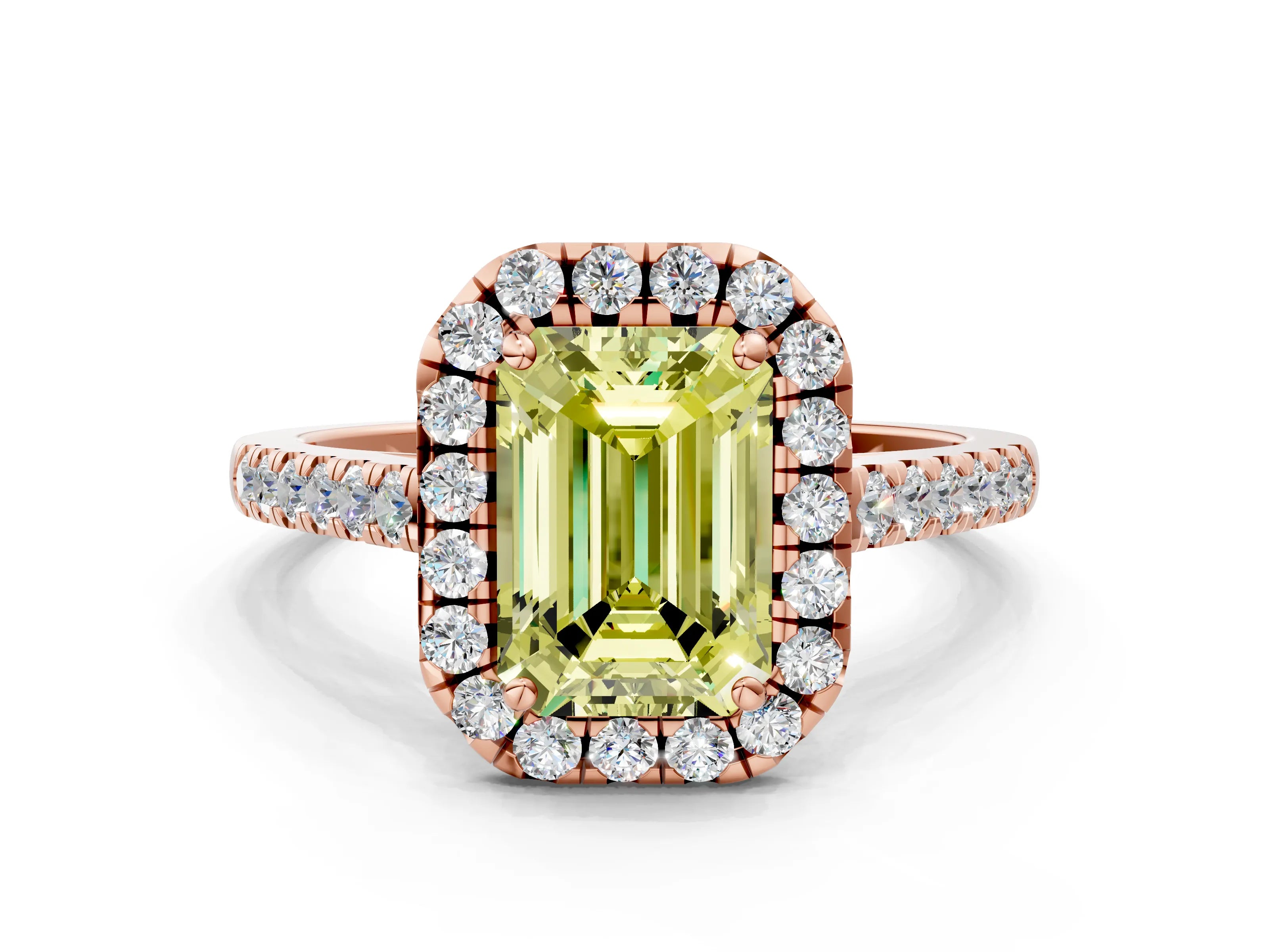 Rose gold Fancy Yellow Emerald Cut Halo Pave Diamond Engagement Ring with Four-Prong Setting