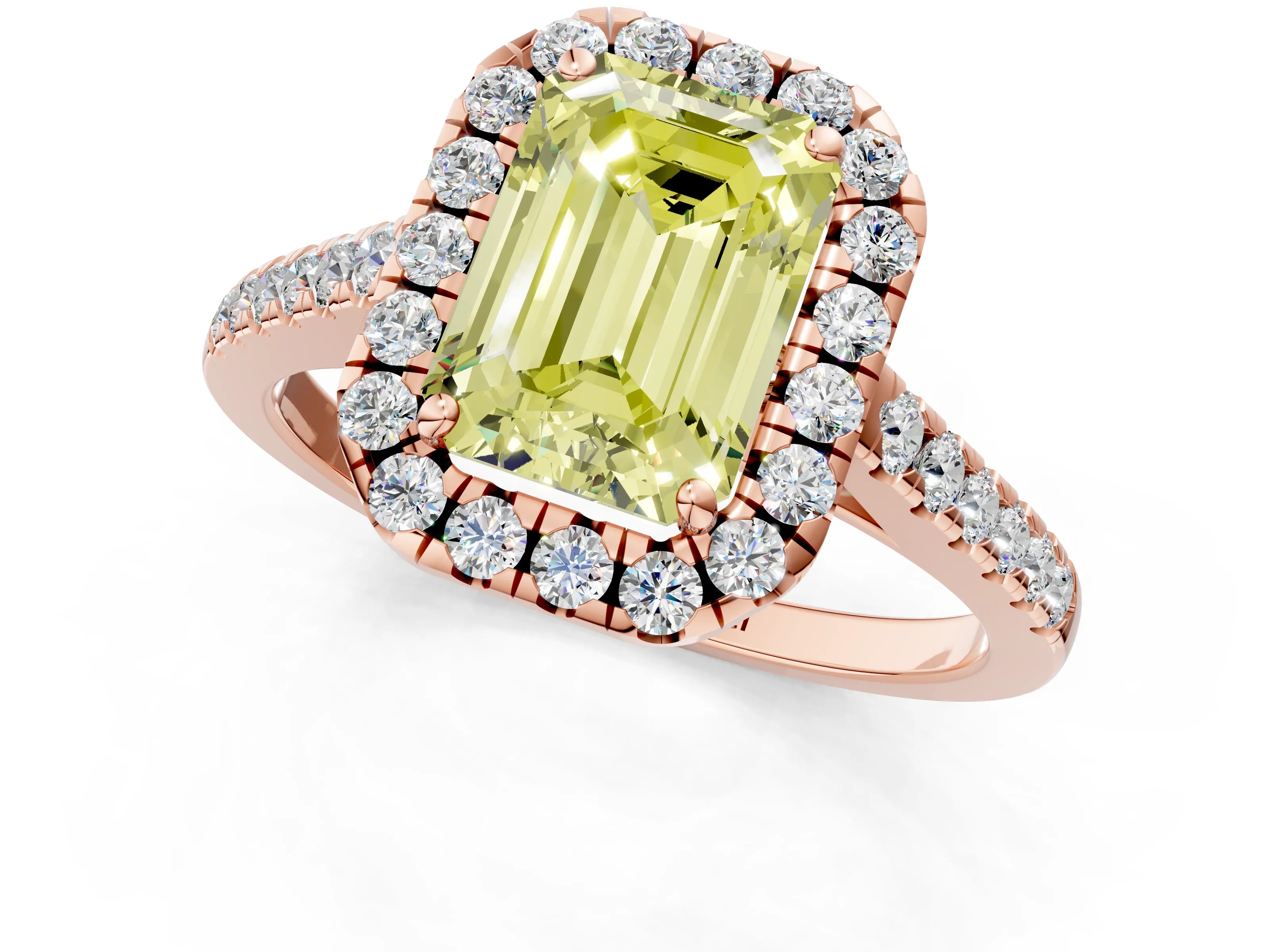 Rose gold Fancy Yellow Emerald Cut Halo Pave Diamond Engagement Ring with Four-Prong Setting_1