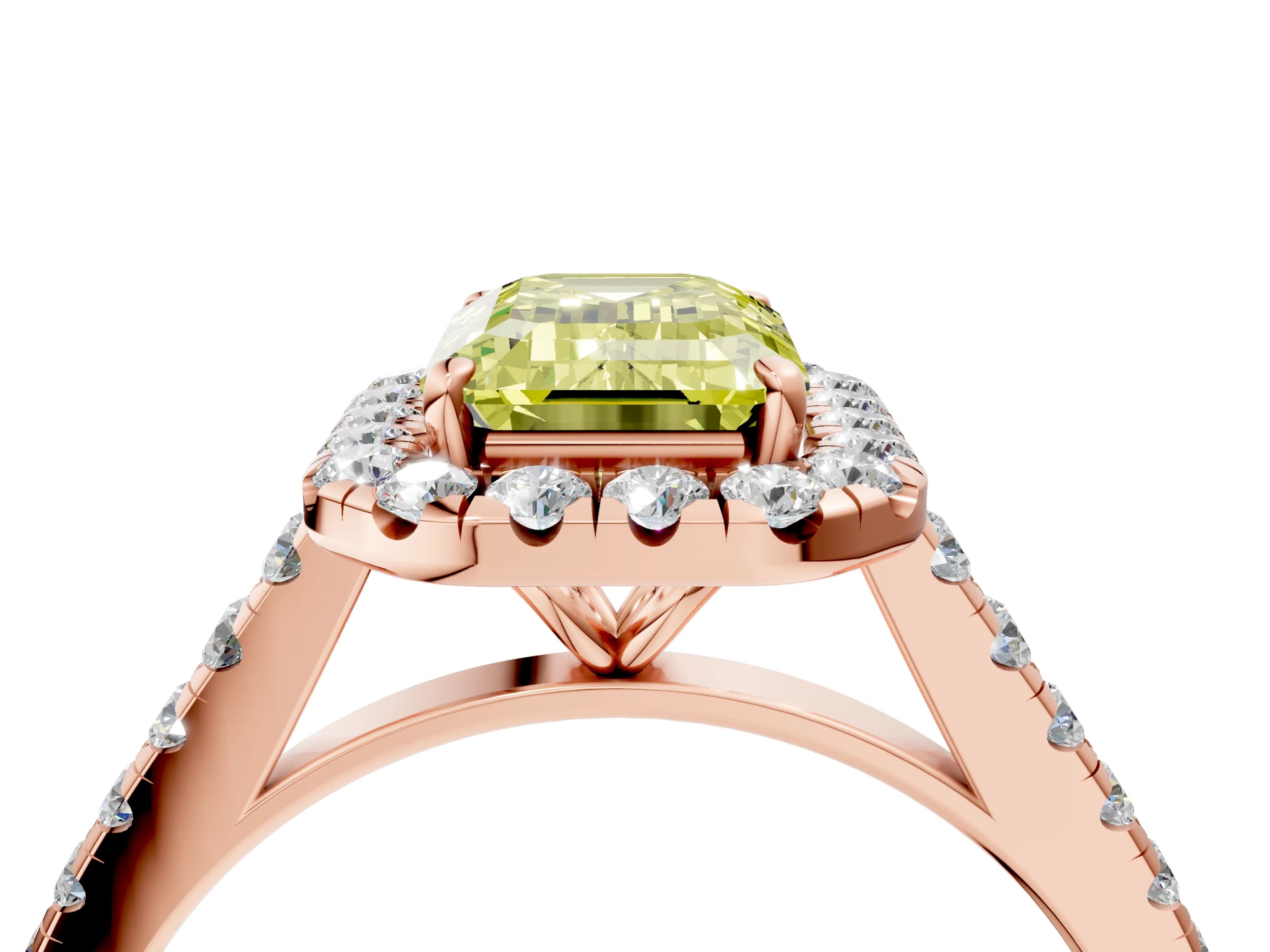 Rose gold Fancy Yellow Emerald Cut Halo Pave Diamond Engagement Ring with Four-Prong Setting_4
