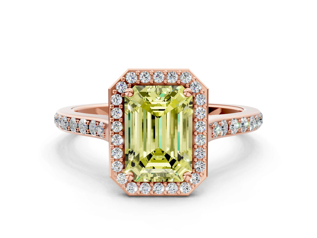 Rose gold Fancy Yellow Emerald Cut Halo Round Diamond Pavé Band with Four-Prong Setting_3