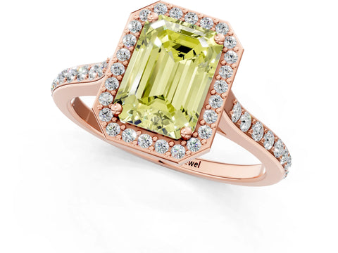 Rose gold Fancy Yellow Emerald Cut Halo Round Diamond Pavé Band with Four-Prong Setting_4