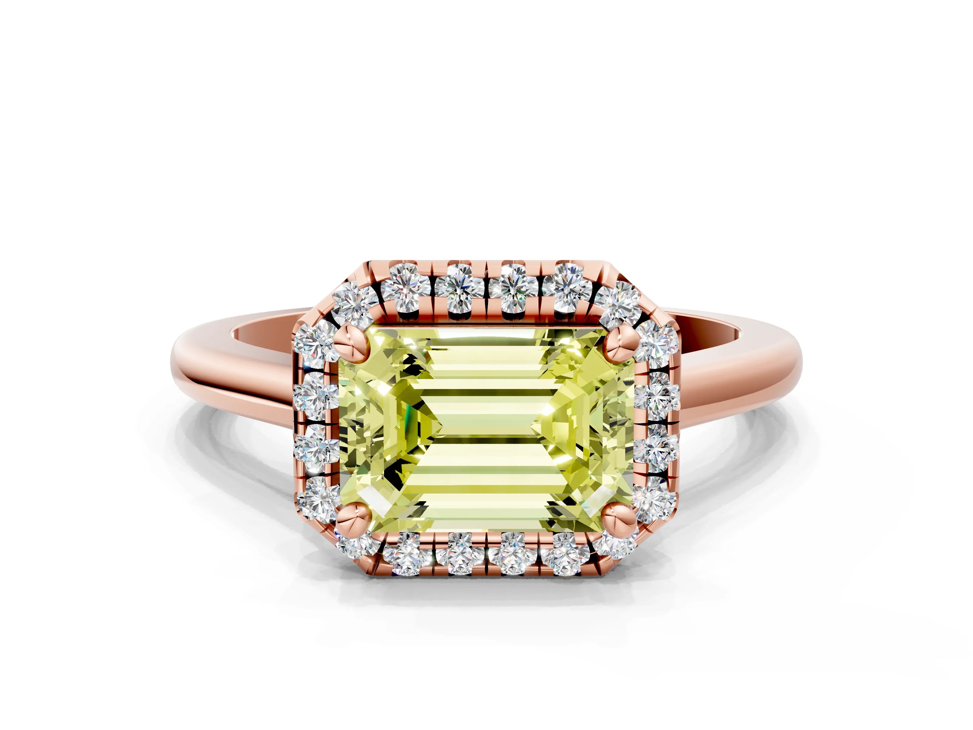Rose gold Fancy Yellow Emerald Cut Halo Round Diamond Solitaire Engagement Ring with Pave Band and Four-Prong Setting_12