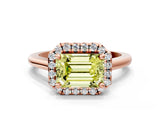 Rose gold Fancy Yellow Emerald Cut Halo Round Diamond Solitaire Engagement Ring with Pave Band and Four-Prong Setting_12