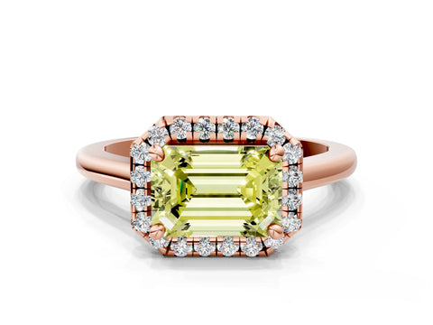 Rose gold Fancy Yellow Emerald Cut Halo Round Diamond Solitaire Engagement Ring with Pave Band and Four-Prong Setting_12