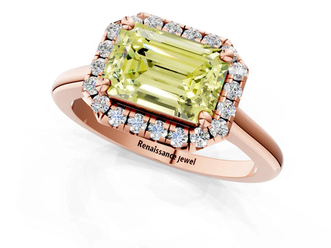 Rose gold Fancy Yellow Emerald Cut Halo Round Diamond Solitaire Engagement Ring with Pave Band and Four-Prong Setting_13