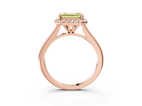 Rose gold Fancy Yellow Emerald Cut Halo Round Diamond Solitaire Engagement Ring with Pave Band and Four-Prong Setting_15