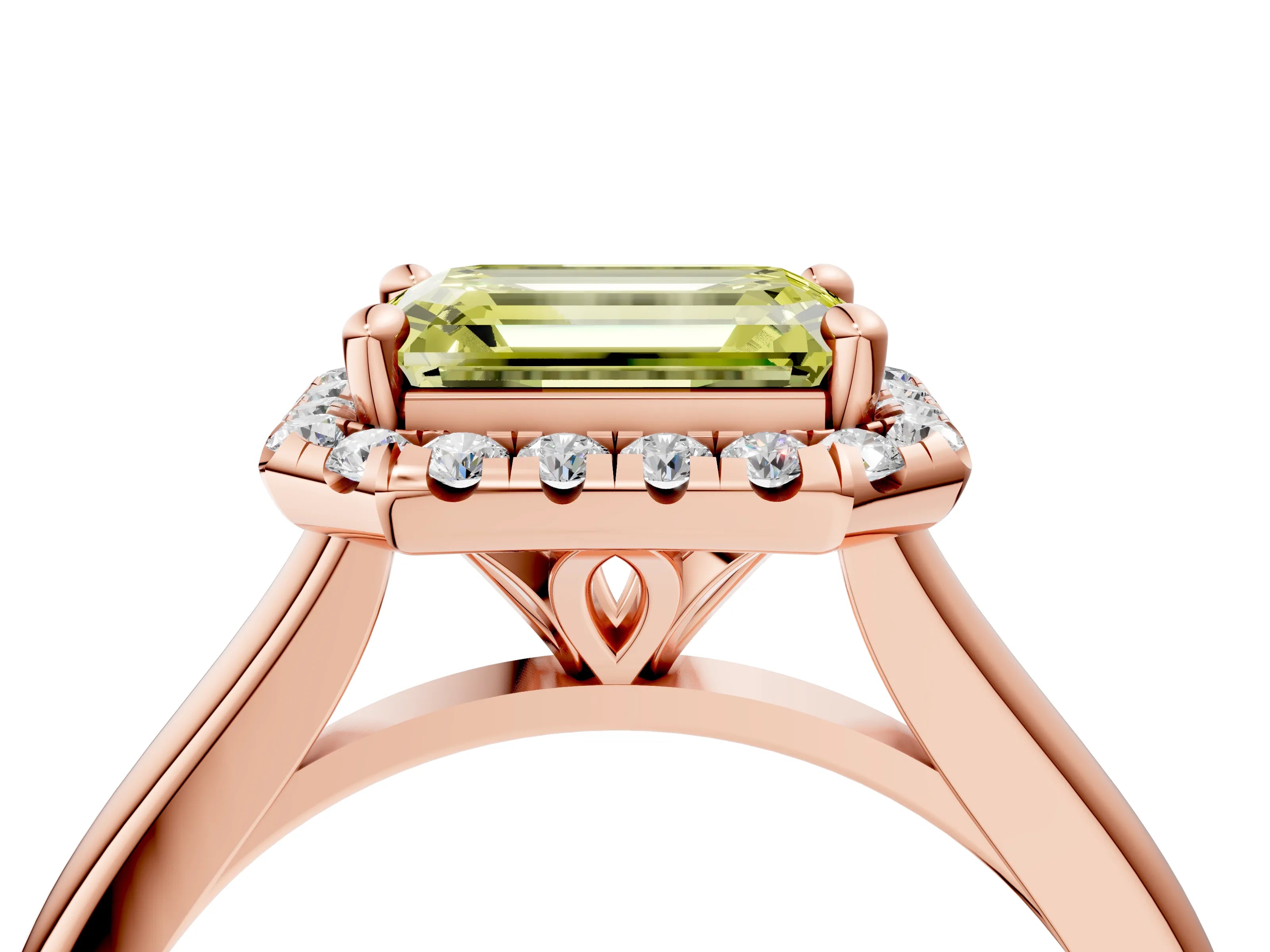 Rose gold Fancy Yellow Emerald Cut Halo Round Diamond Solitaire Engagement Ring with Pave Band and Four-Prong Setting_16