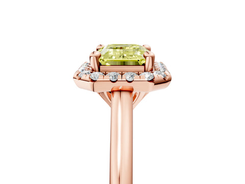 Rose gold Fancy Yellow Emerald Cut Halo Round Diamond Solitaire Engagement Ring with Pave Band and Four-Prong Setting_17