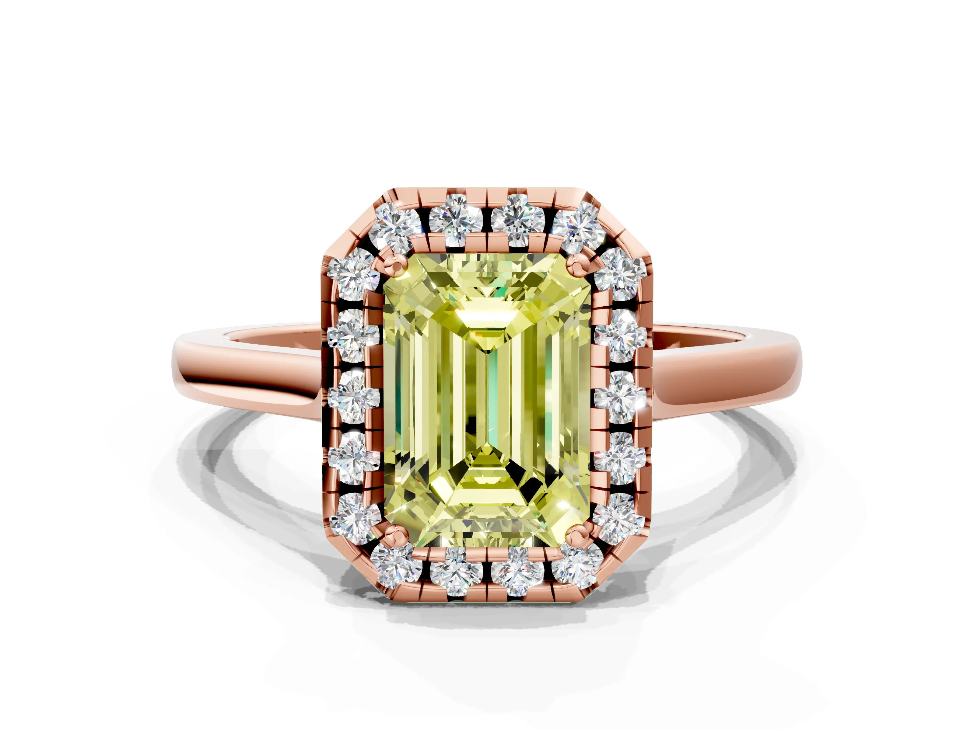 Rose gold Fancy Yellow Emerald Cut Halo Round Diamond Solitaire Ring with Pavé Band and Four-Prong Setting