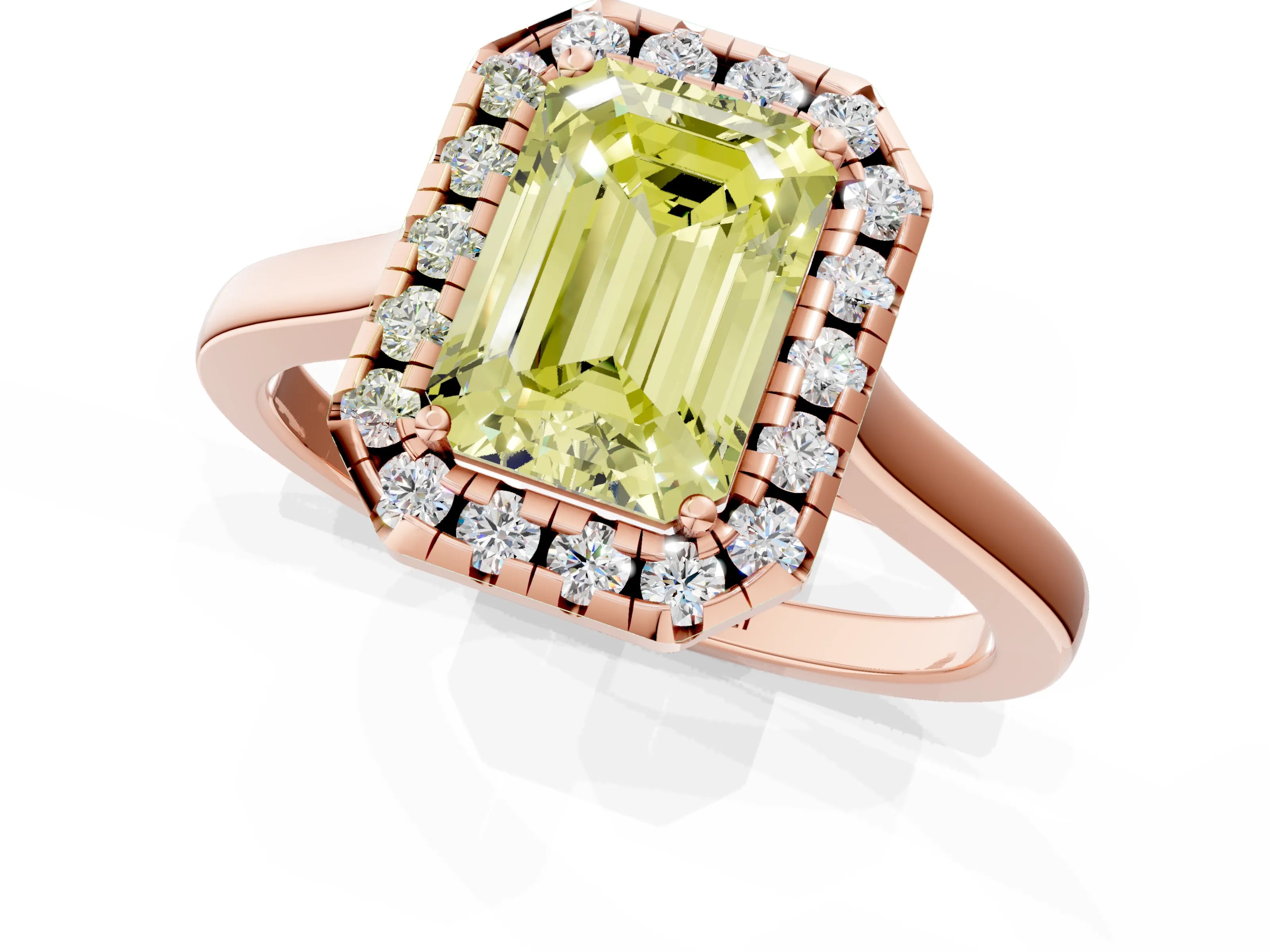 Rose gold Fancy Yellow Emerald Cut Halo Round Diamond Solitaire Ring with Pavé Band and Four-Prong Setting_1