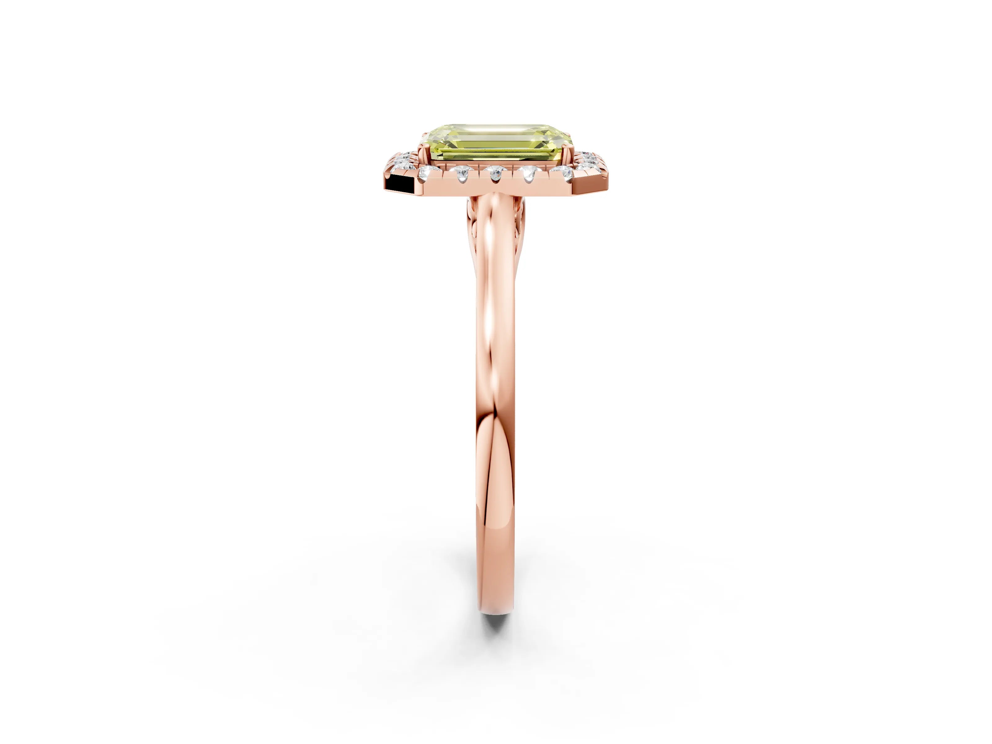 Rose gold Fancy Yellow Emerald Cut Halo Round Diamond Solitaire Ring with Pavé Band and Four-Prong Setting_2