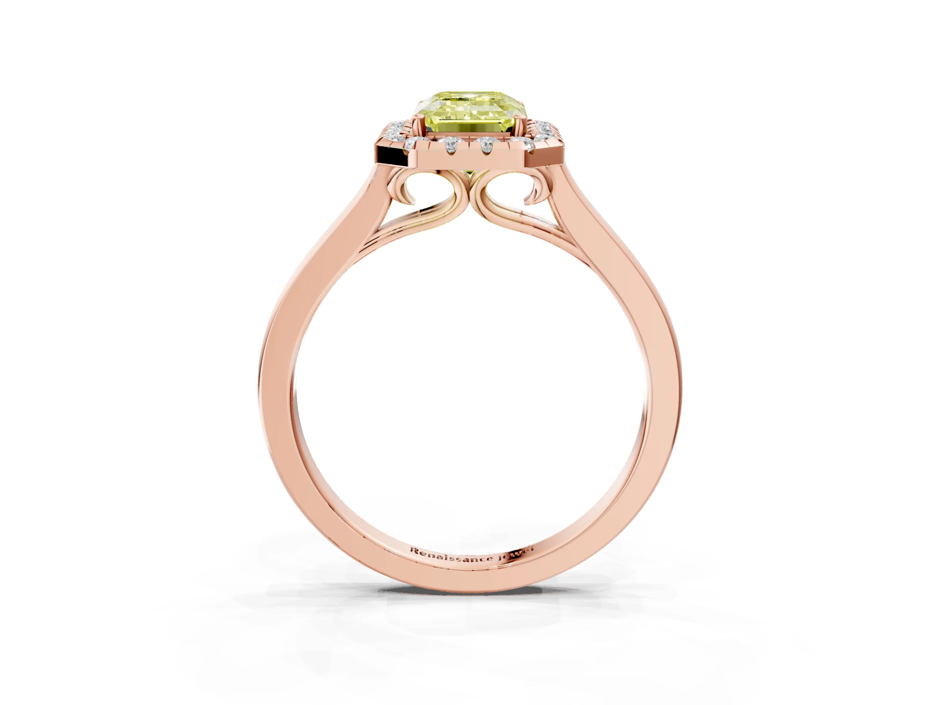Rose gold Fancy Yellow Emerald Cut Halo Round Diamond Solitaire Ring with Pavé Band and Four-Prong Setting_3