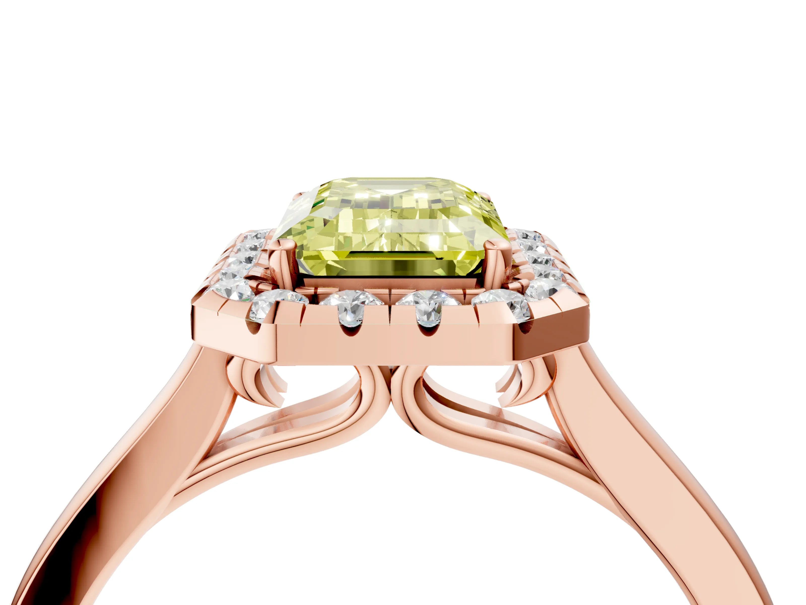 Rose gold Fancy Yellow Emerald Cut Halo Round Diamond Solitaire Ring with Pavé Band and Four-Prong Setting_4