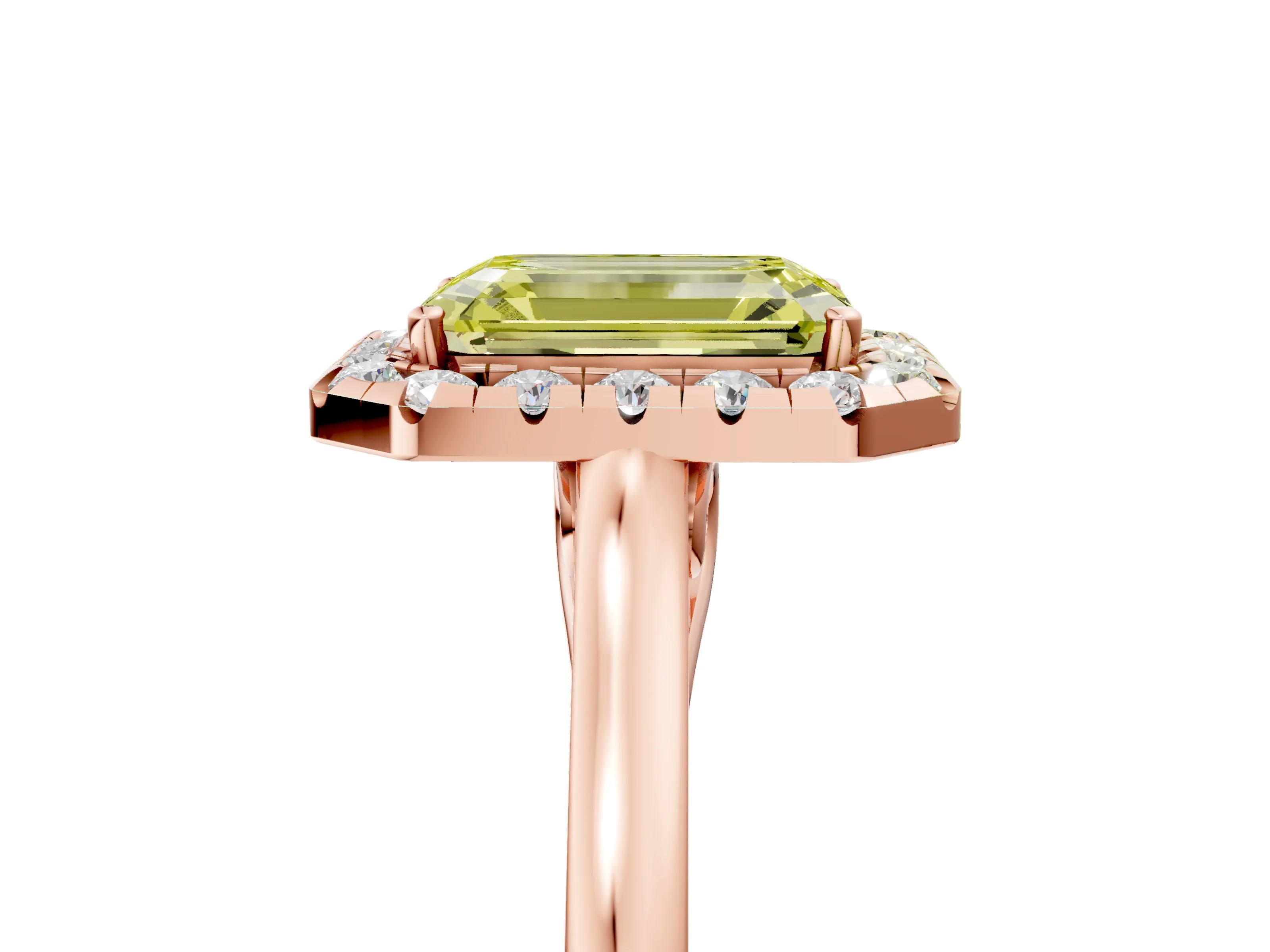 Rose gold Fancy Yellow Emerald Cut Halo Round Diamond Solitaire Ring with Pavé Band and Four-Prong Setting_5