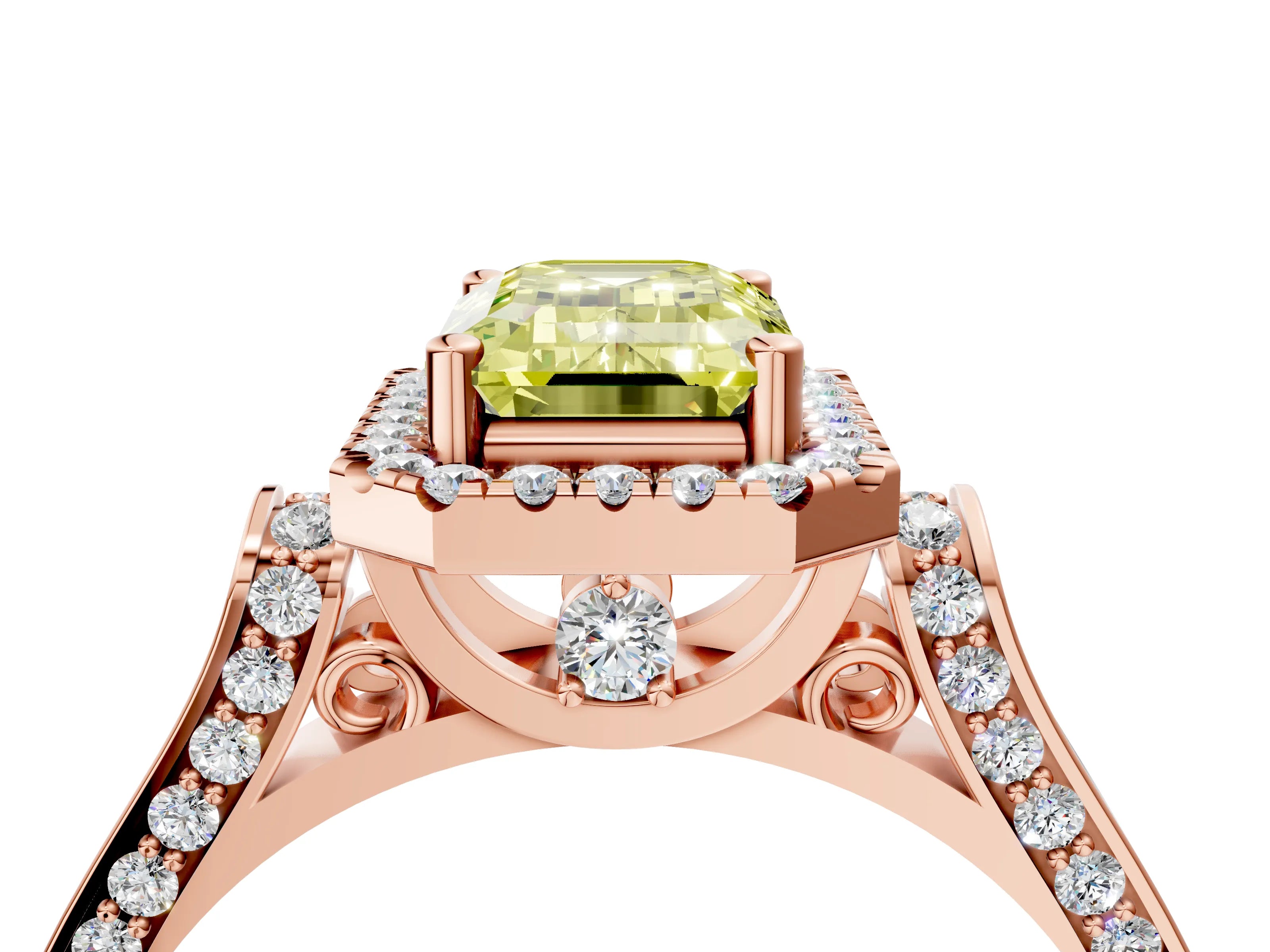 Rose gold Fancy Yellow Emerald Cut Halo Round Diamond Twist Band with Four-Prong Setting_4
