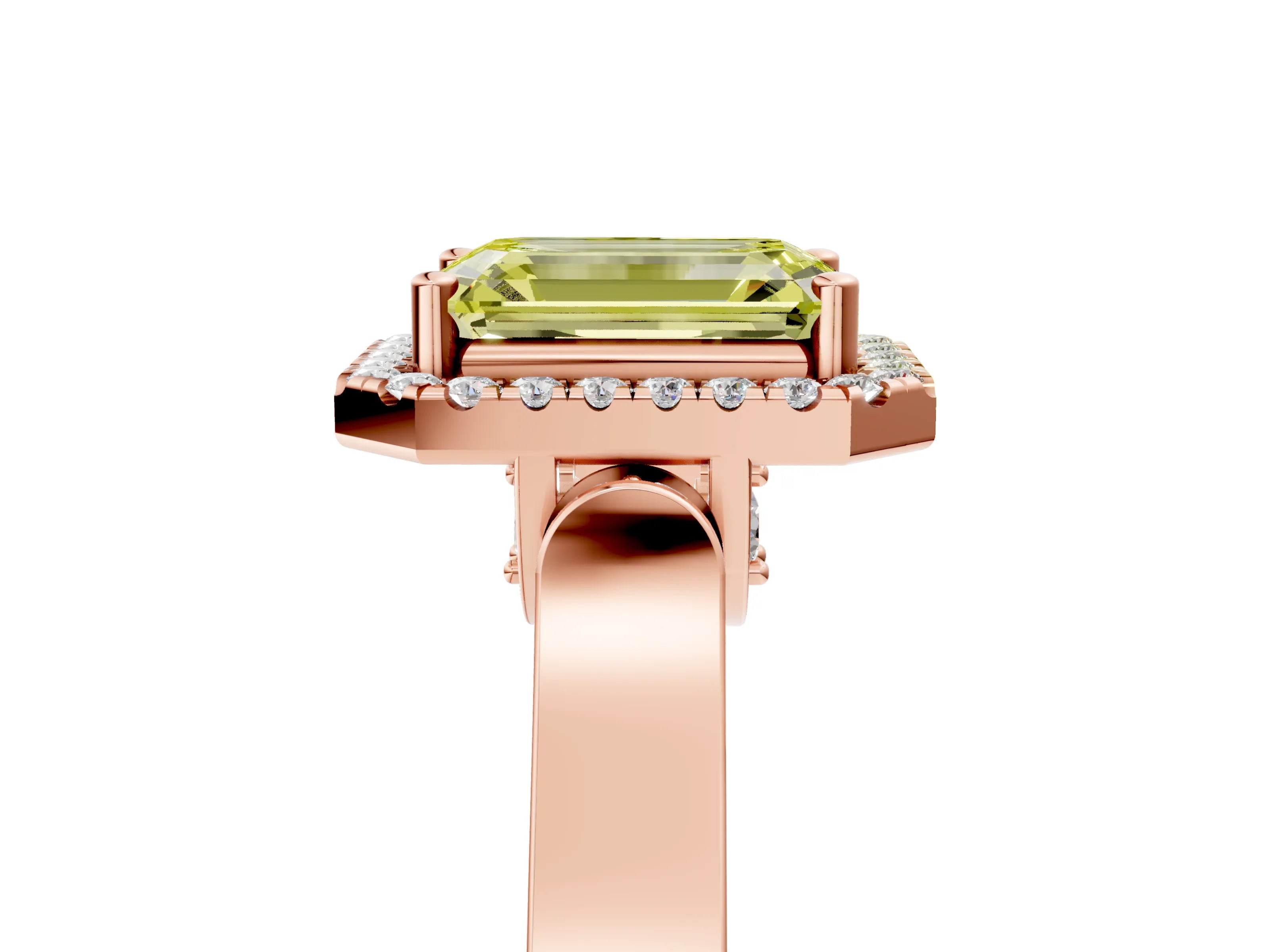 Rose gold Fancy Yellow Emerald Cut Halo Round Diamond Twist Band with Four-Prong Setting_5