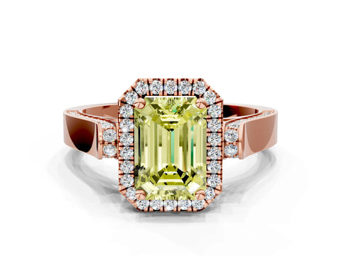 Rose gold Fancy Yellow Emerald Cut Halo Round Diamond Twist Band with Four-Prong Setting