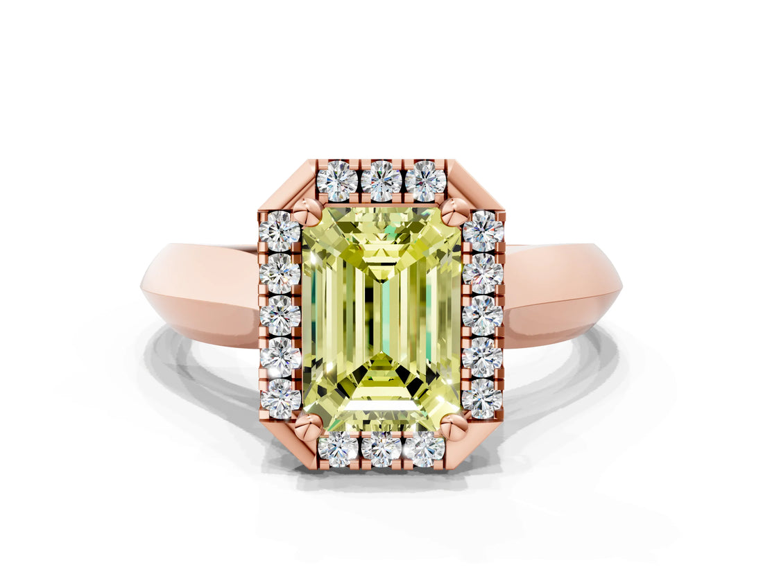 Rose gold Fancy Yellow Emerald  Cut Halo Solitaire Engagement Ring with Square Band and Four-Prong Setting_66