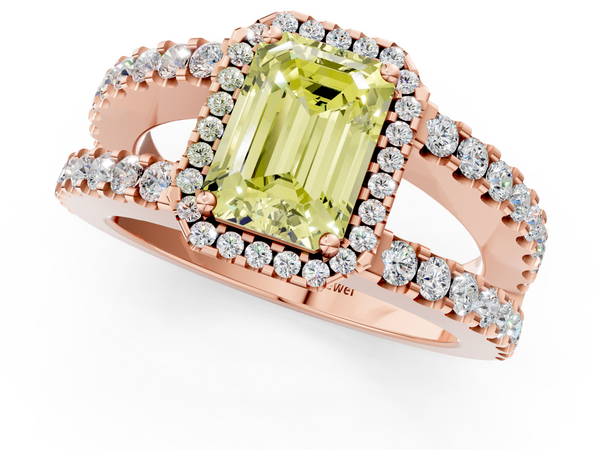 Rose gold Fancy Yellow Emerald  Cut Halo Split Shank Diamond Ring with Four-Prong Setting