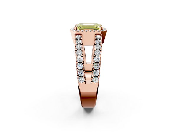 Rose gold Fancy Yellow Emerald  Cut Halo Split Shank Diamond Ring with Four-Prong Setting