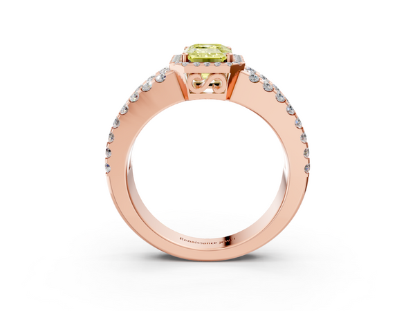 Rose gold Fancy Yellow Emerald  Cut Halo Split Shank Diamond Ring with Four-Prong Setting
