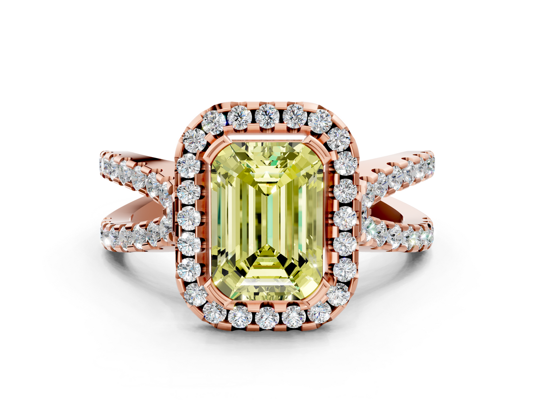 Rose gold Fancy Yellow Emerald  Cut Halo Split Shank Pave Set Ring_62
