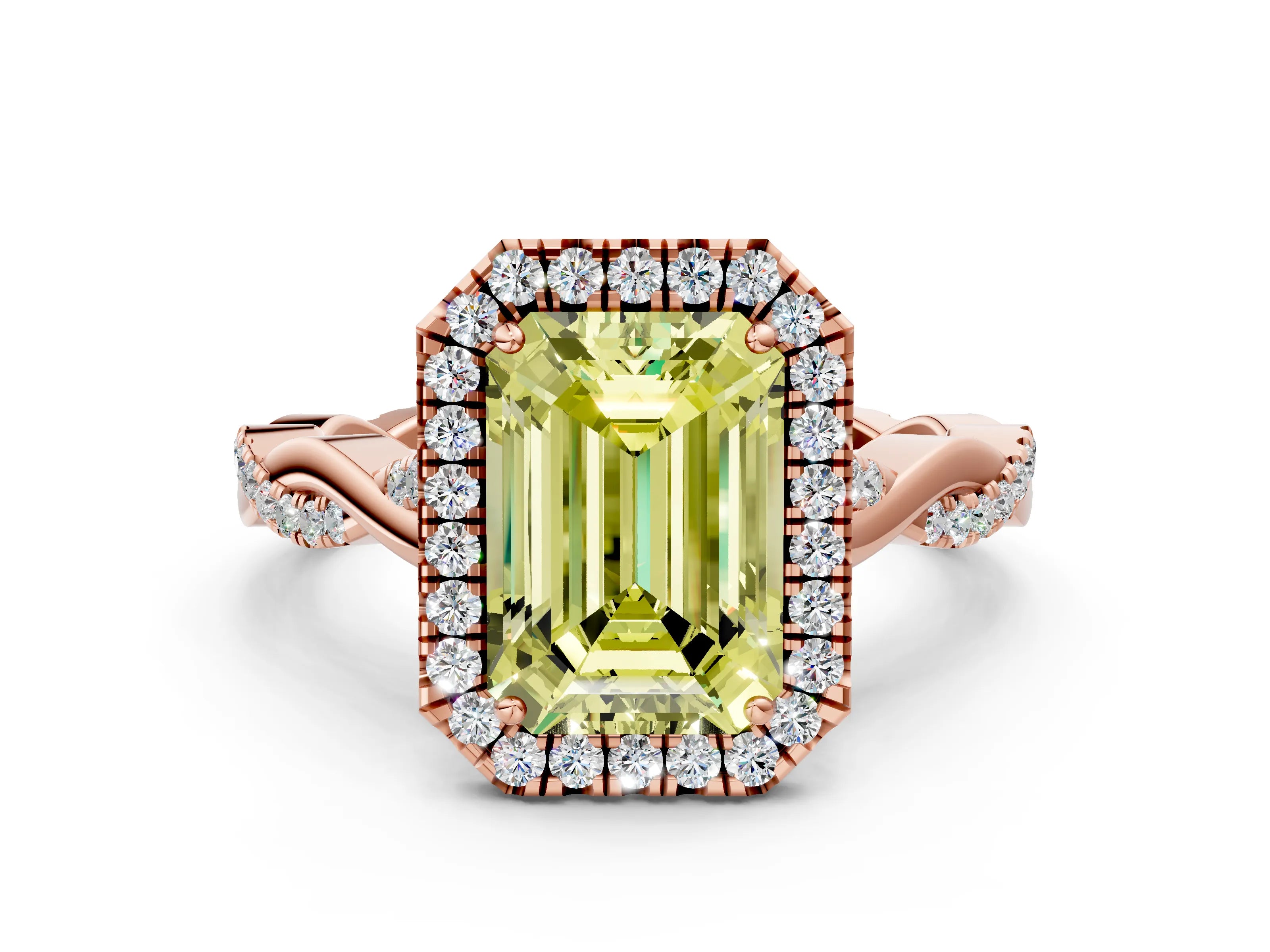 Rose gold Fancy Yellow Emerald Cut Halo Twist Band with Four-Prong Setting