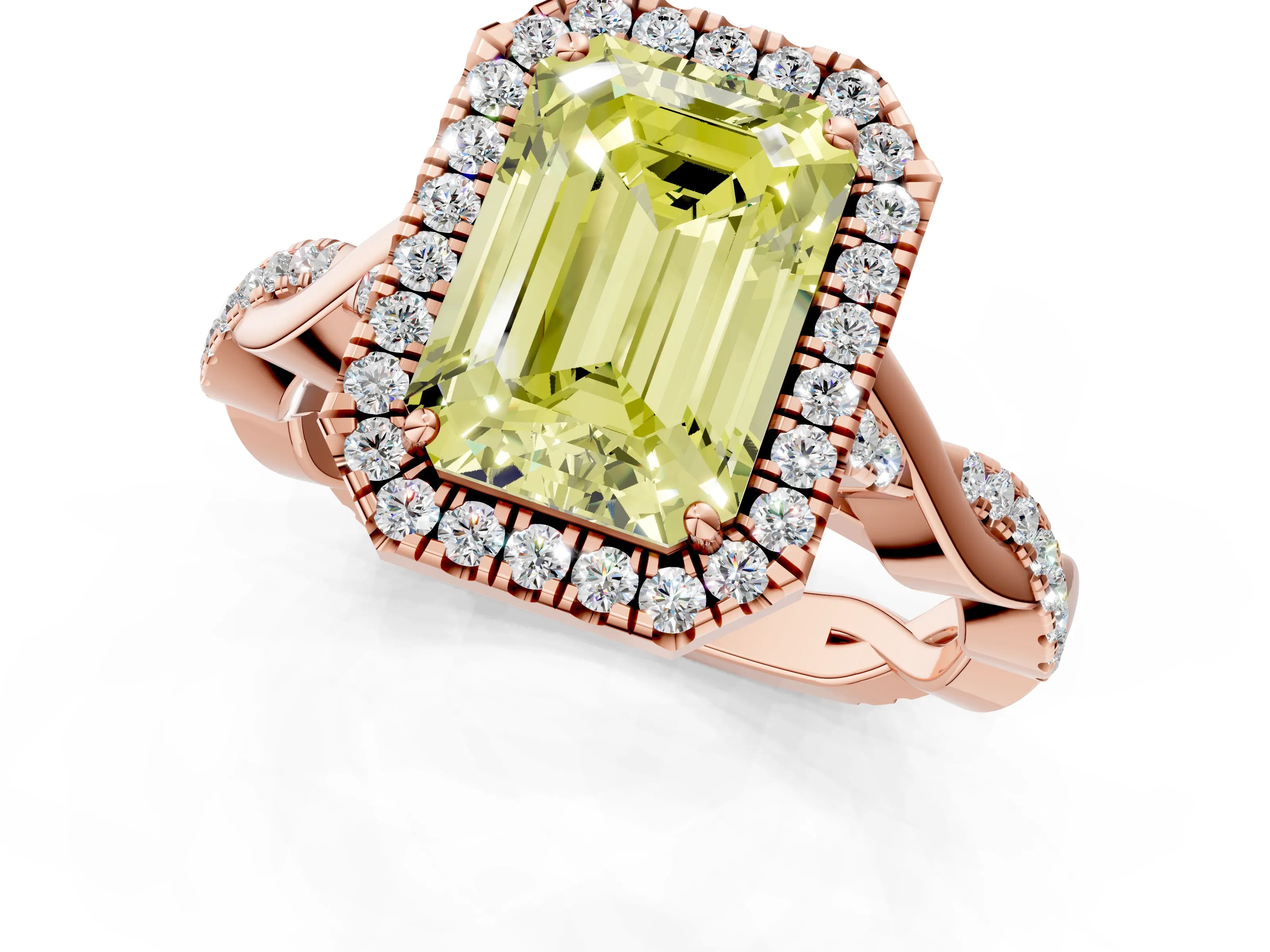 Rose gold Fancy Yellow Emerald Cut Halo Twist Band with Four-Prong Setting_1