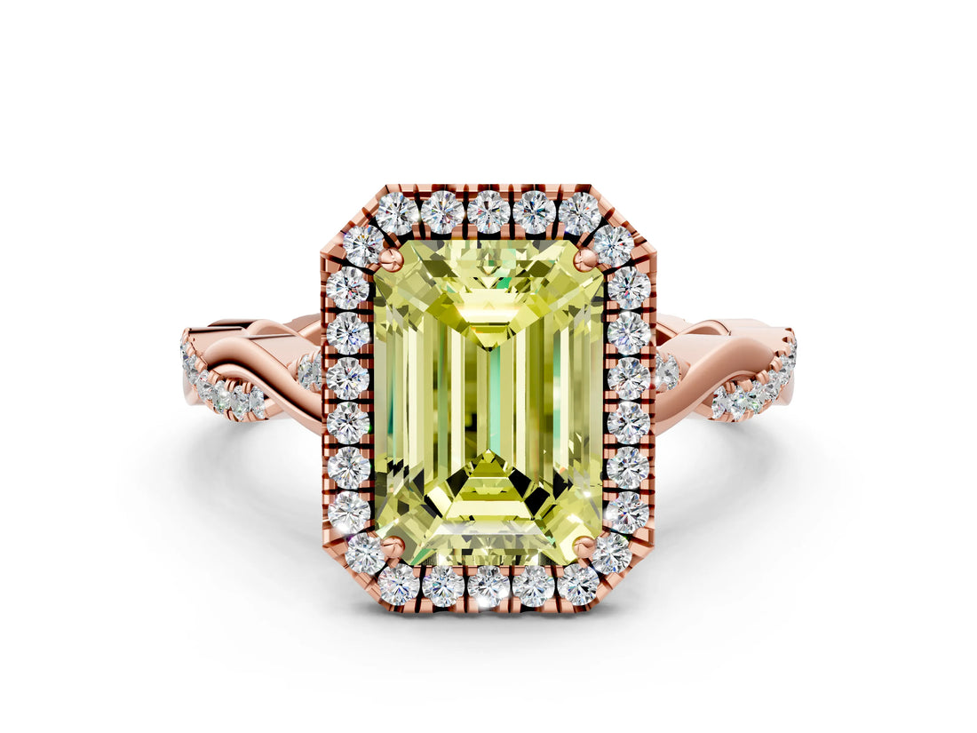 Rose gold Fancy Yellow Emerald Cut Halo Twist Band with Four-Prong Setting_12