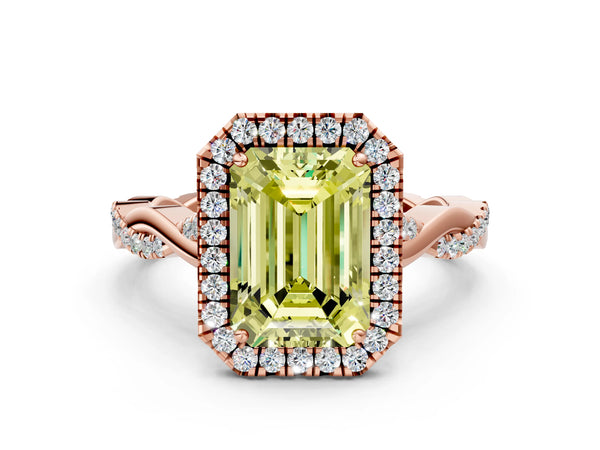 Rose Gold Emerald Cut Interwoven Twist Halo Engagement Ring Setting for Fancy Yellow Center