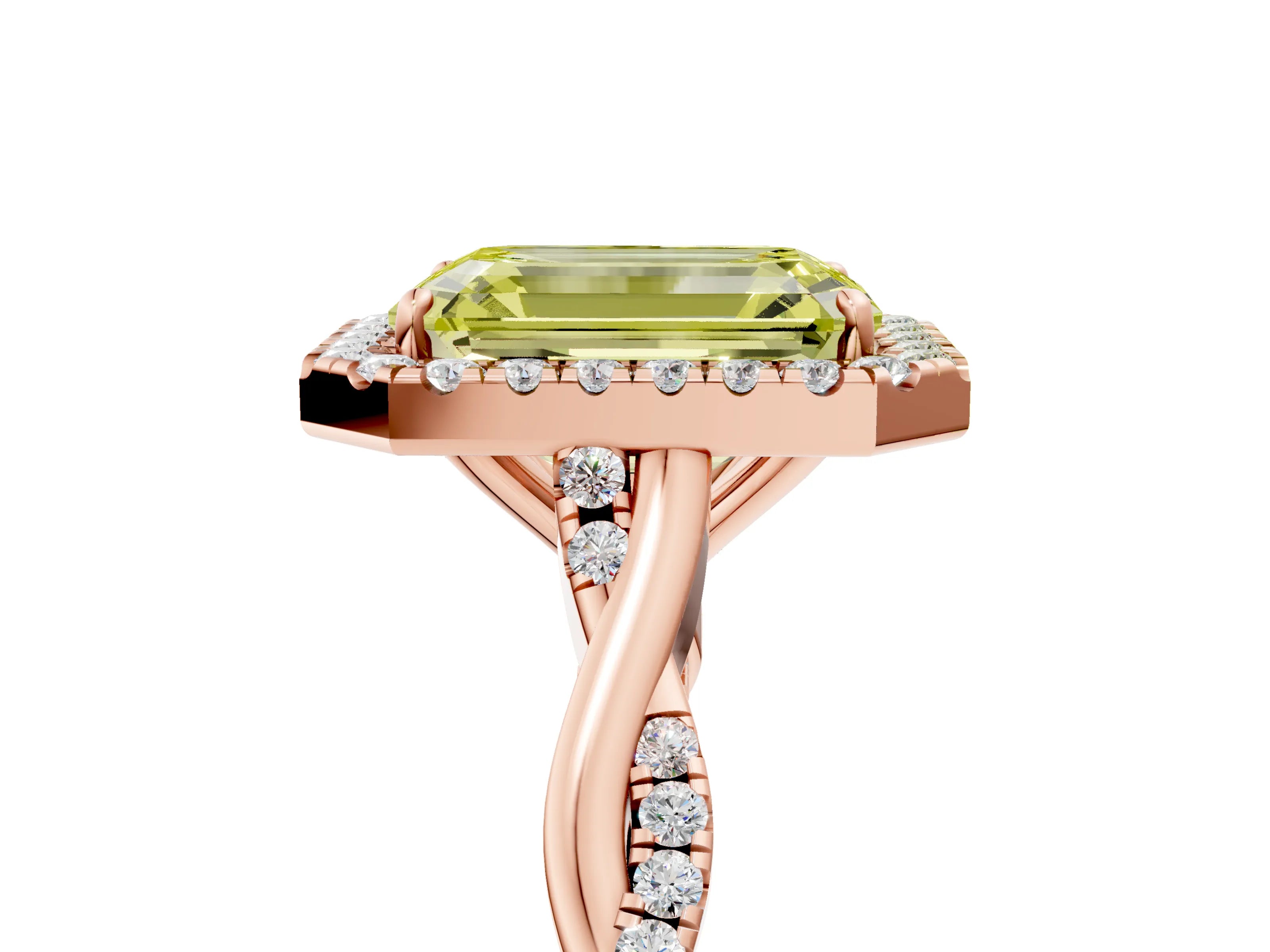 Rose gold Fancy Yellow Emerald Cut Halo Twist Band with Four-Prong Setting_5