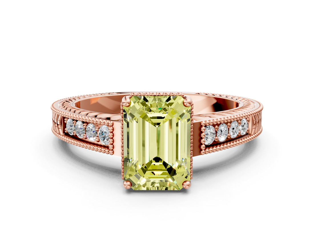 Rose gold Fancy Yellow Emerald  Cut Milgrain Channel Set Engagement Ring with Solitaire Prong Setting_91