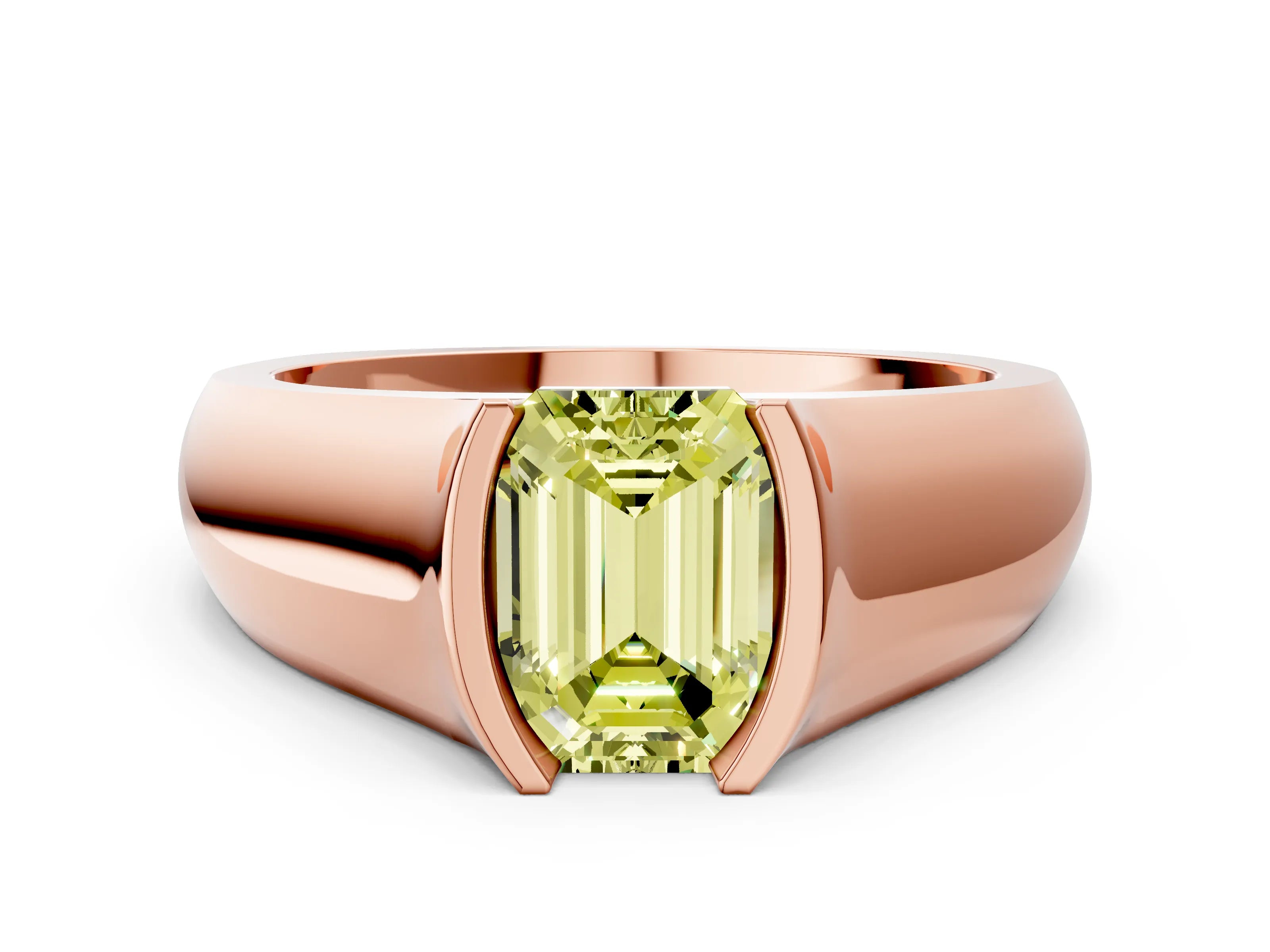 Rose gold Fancy Yellow Emerald Cut Solitaire Bezel Set Diamond Ring with Wide Band