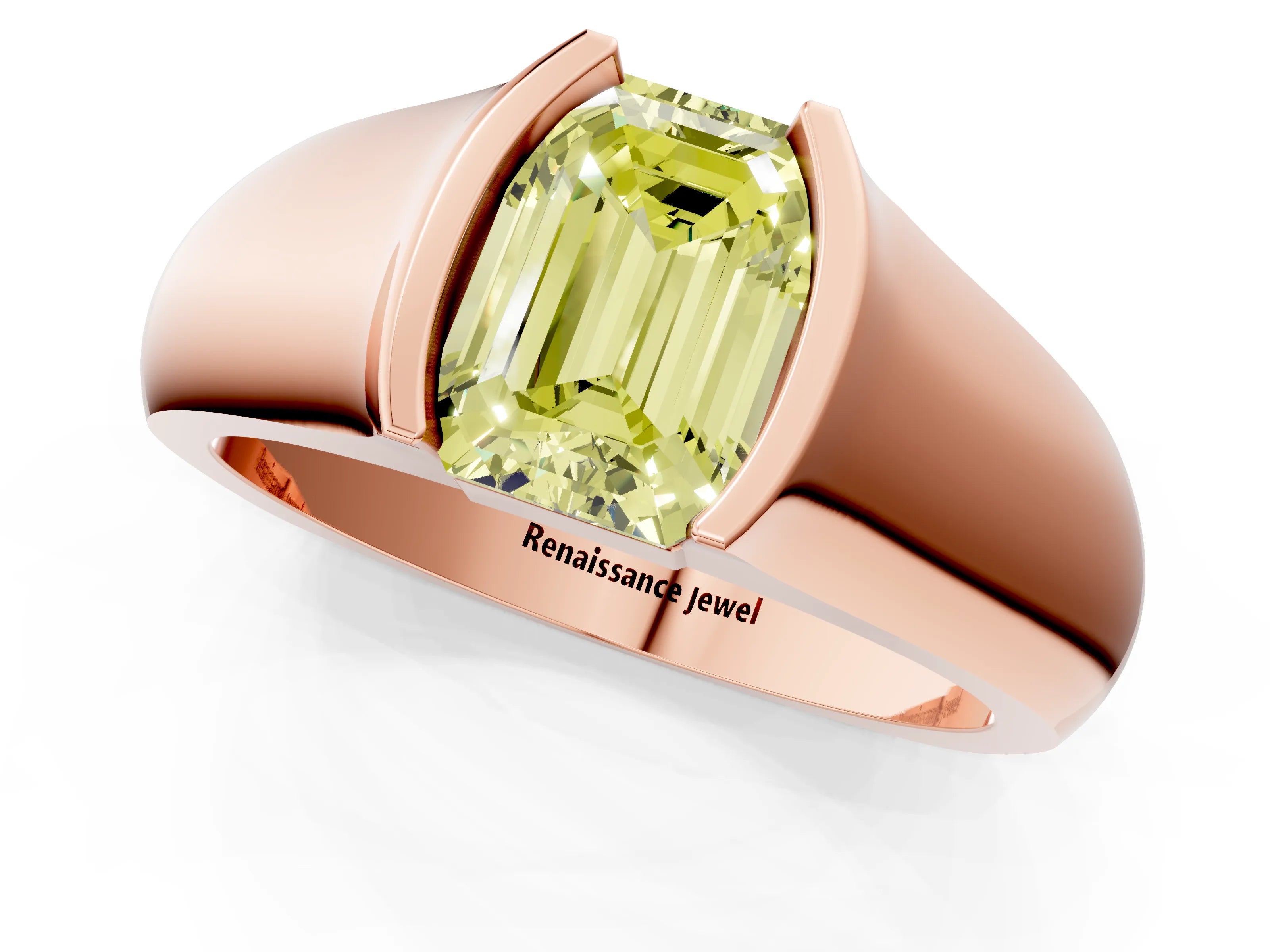 Rose gold Fancy Yellow Emerald Cut Solitaire Bezel Set Diamond Ring with Wide Band_1