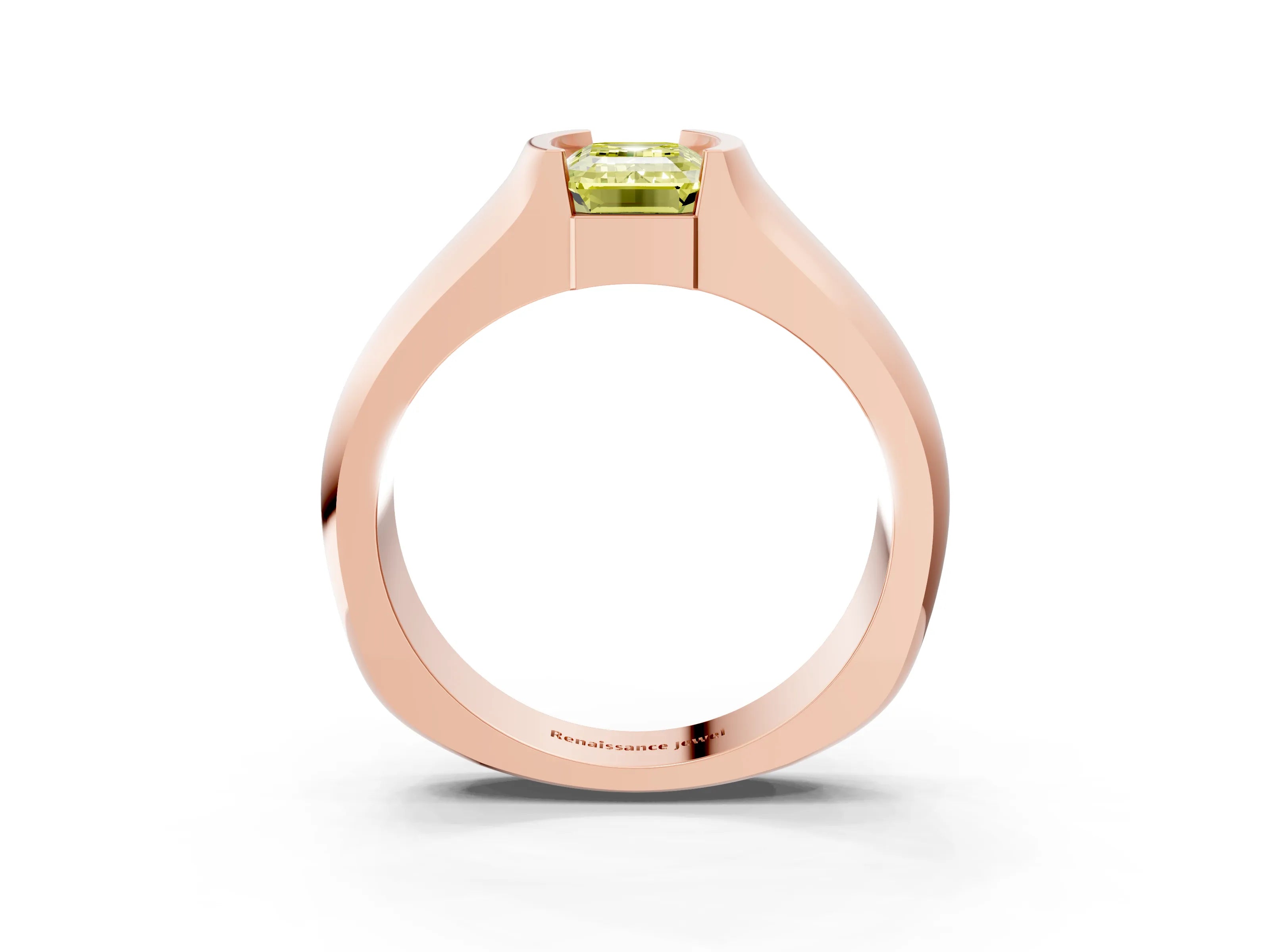 Rose gold Fancy Yellow Emerald Cut Solitaire Bezel Set Diamond Ring with Wide Band_3