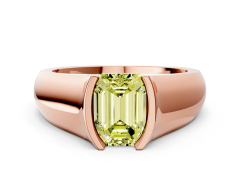 Rose gold Fancy Yellow Emerald Cut Solitaire Bezel Set Diamond Ring with Wide Band