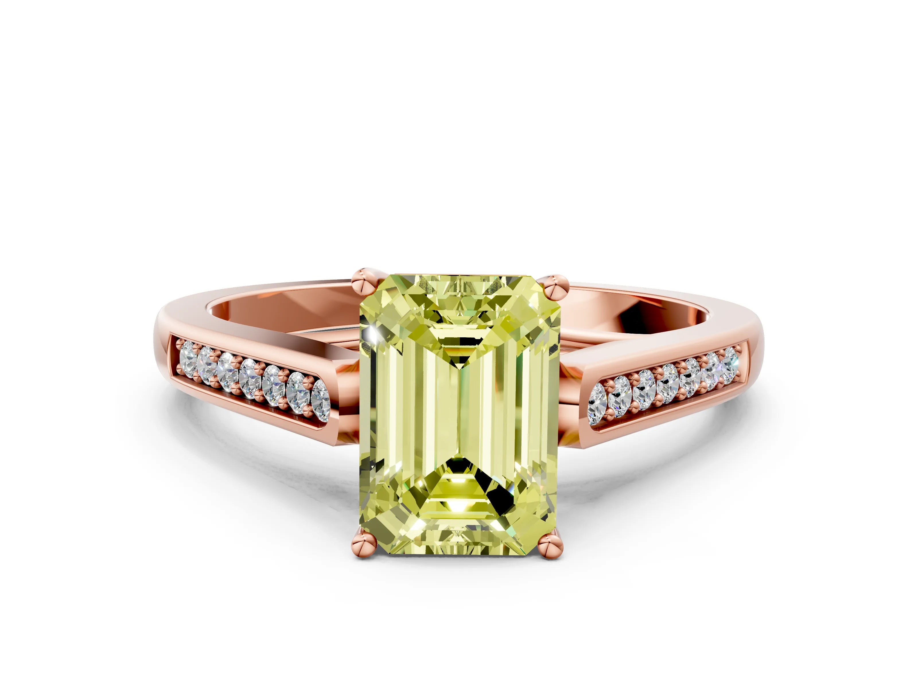 Rose gold Fancy Yellow Emerald Cut Solitaire Cathedral Diamond Engagement Ring with Channel-Set Band and Four-Prong Setting_3