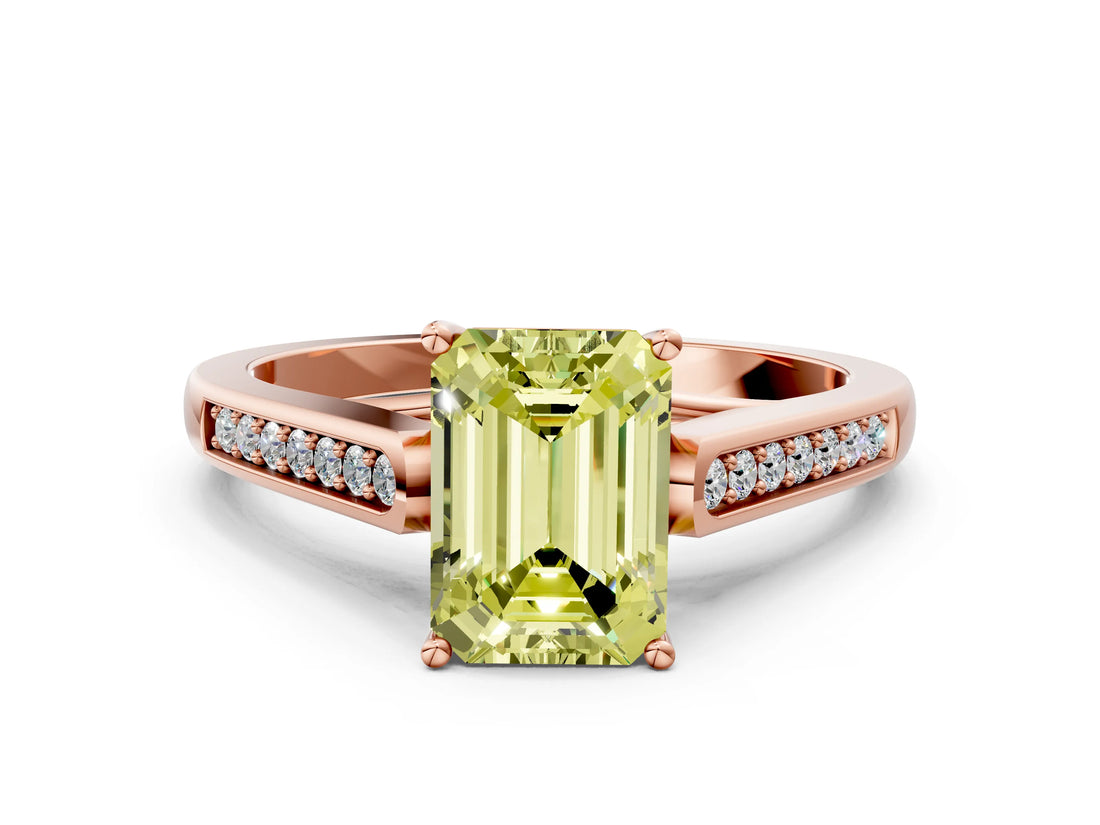 Rose gold Fancy Yellow Emerald Cut Solitaire Cathedral Diamond Engagement Ring with Channel-Set Band and Four-Prong Setting_3
