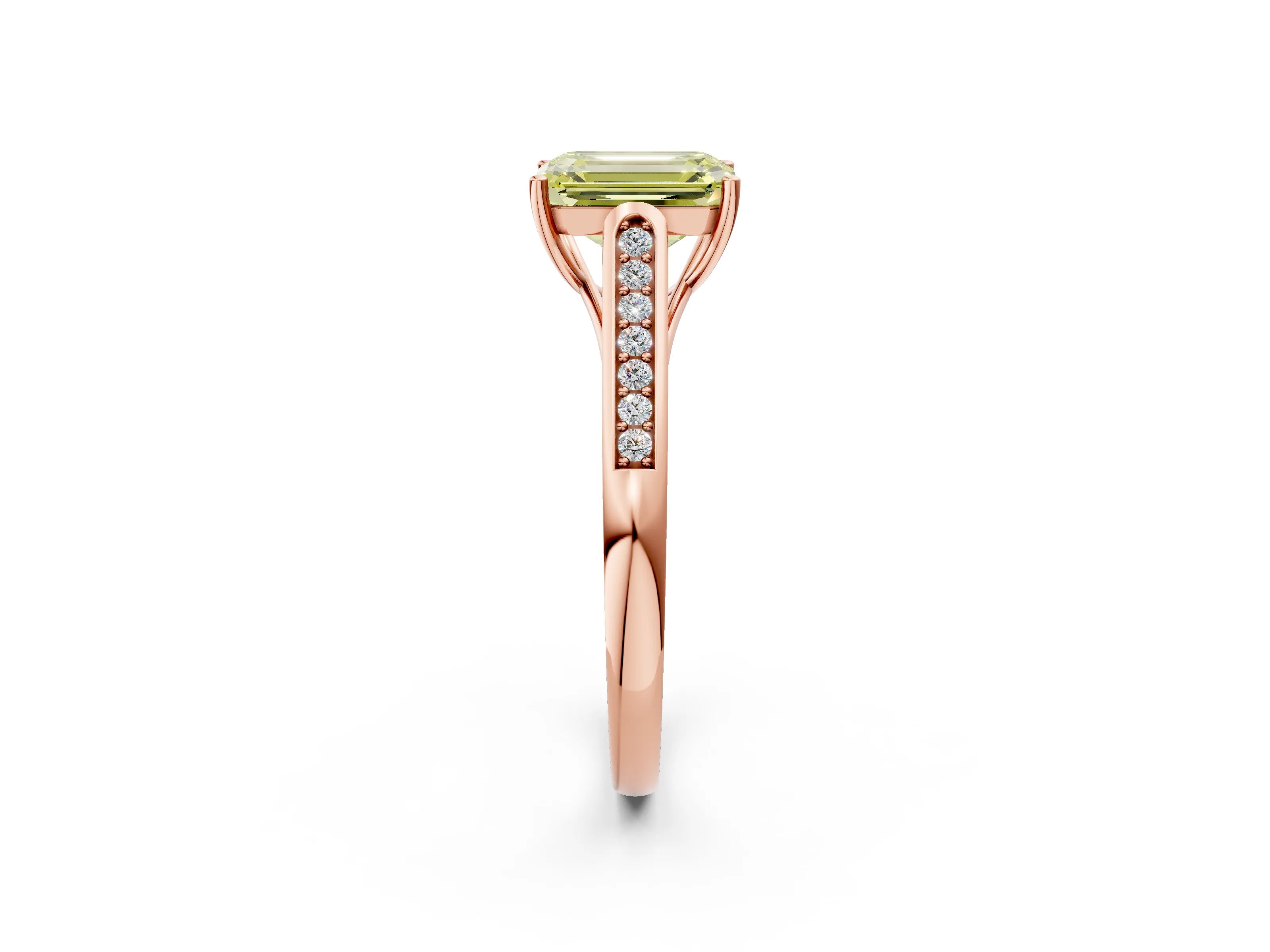 Rose gold Fancy Yellow Emerald Cut Solitaire Cathedral Diamond Engagement Ring with Channel-Set Band and Four-Prong Setting_5