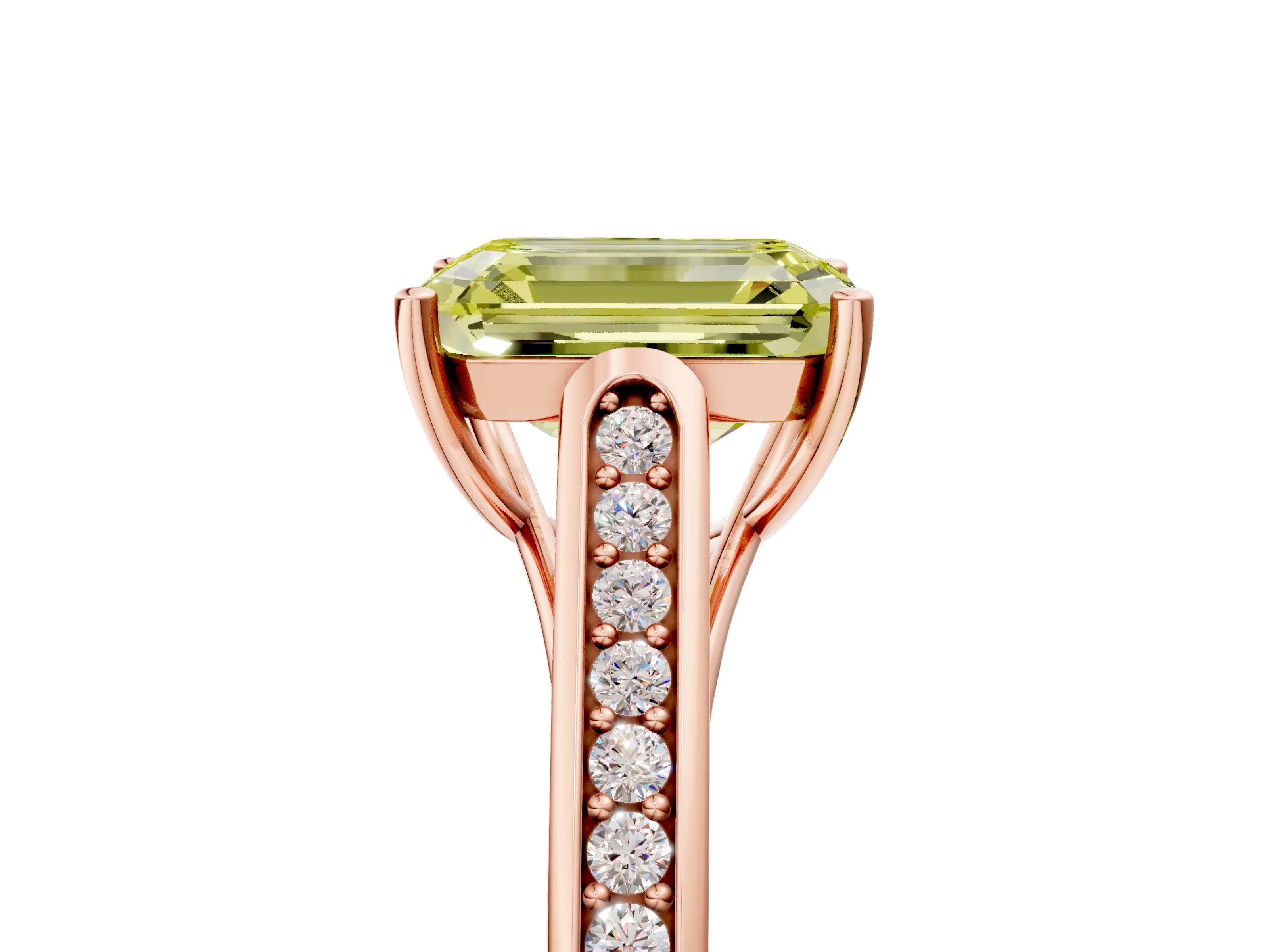 Rose gold Fancy Yellow Emerald Cut Solitaire Cathedral Diamond Engagement Ring with Channel-Set Band and Four-Prong Setting_8
