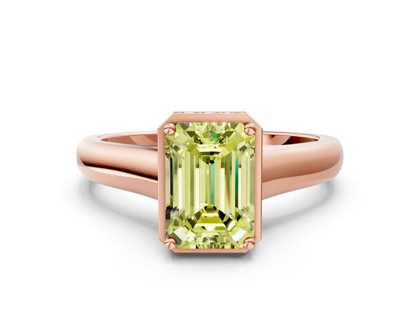 Rose gold Fancy Yellow Emerald Cut Solitaire Diamond Engagement Ring with Four-Prong Setting and Tapered Band