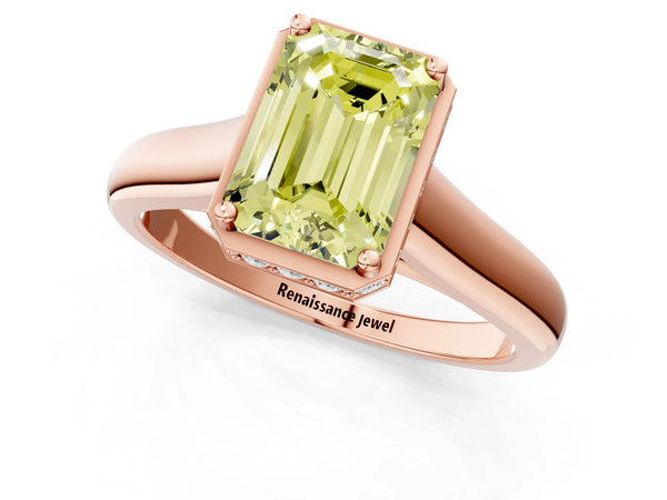 Rose gold Fancy Yellow Emerald Cut Solitaire Diamond Engagement Ring with Four-Prong Setting and Tapered Band