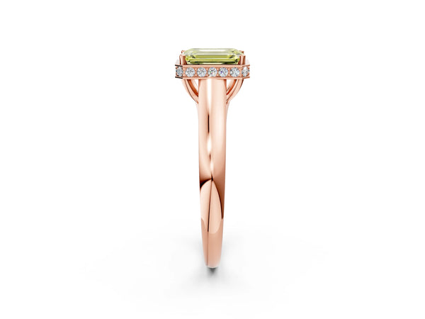 Rose gold Fancy Yellow Emerald Cut Solitaire Diamond Engagement Ring with Four-Prong Setting and Tapered Band